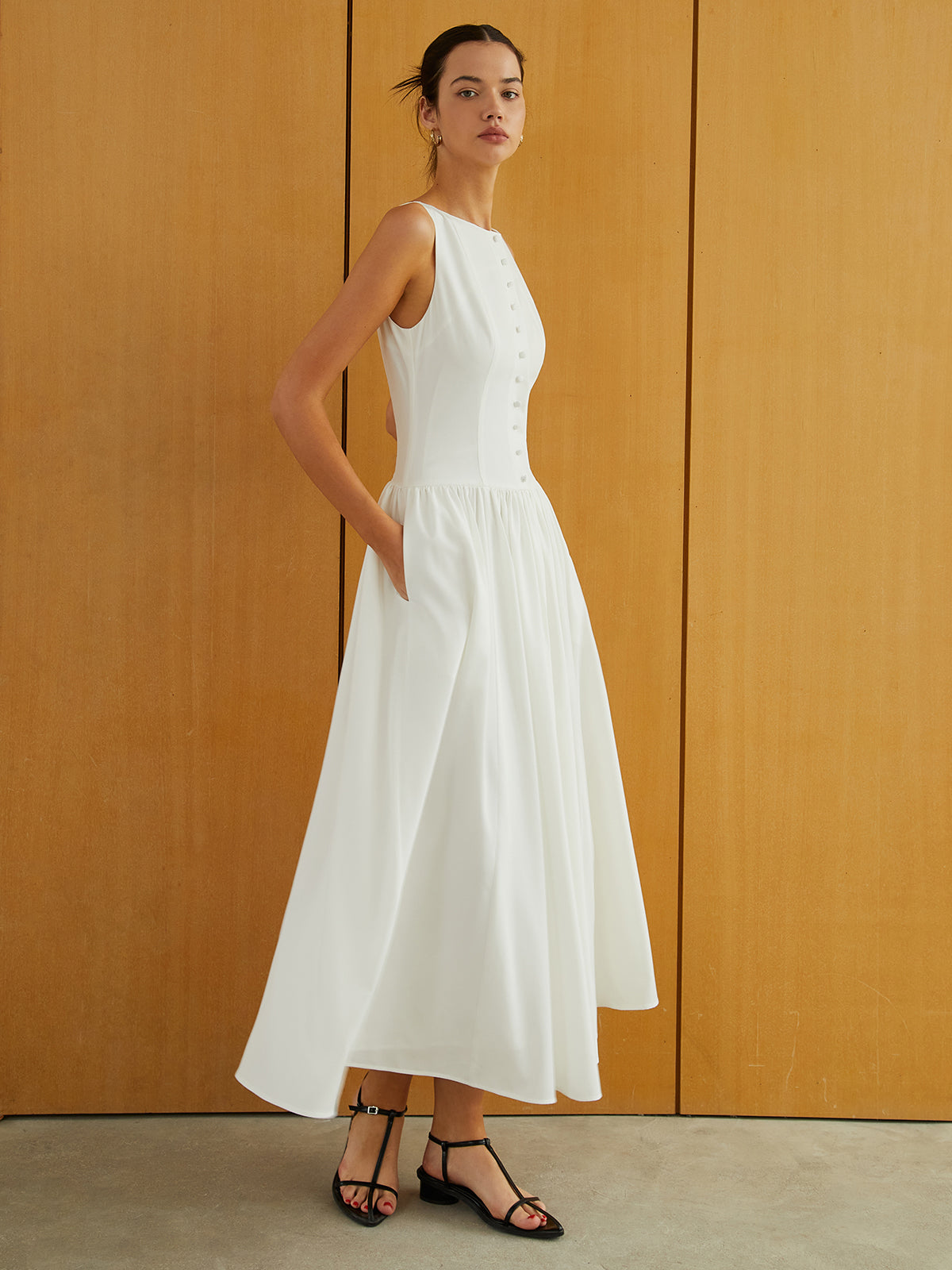 Button-Front Sleeveless Pockets Long Dress COMMENSE