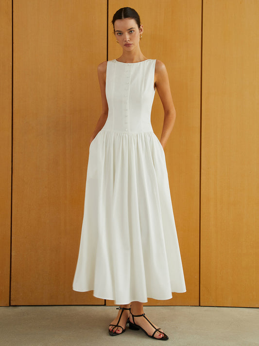Button-Front Sleeveless Pockets Long Dress COMMENSE