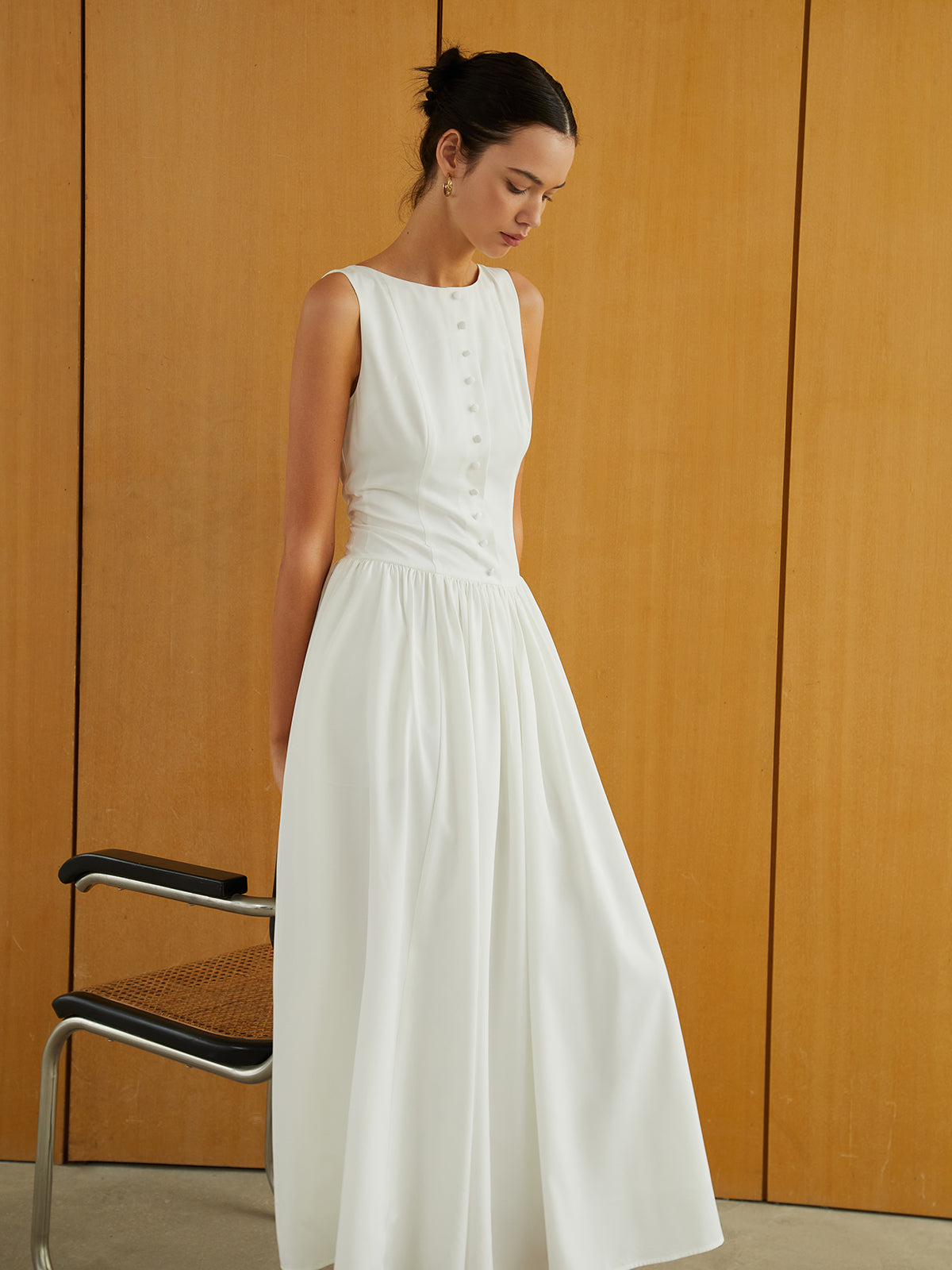 Button-Front Sleeveless Pockets Long Dress COMMENSE