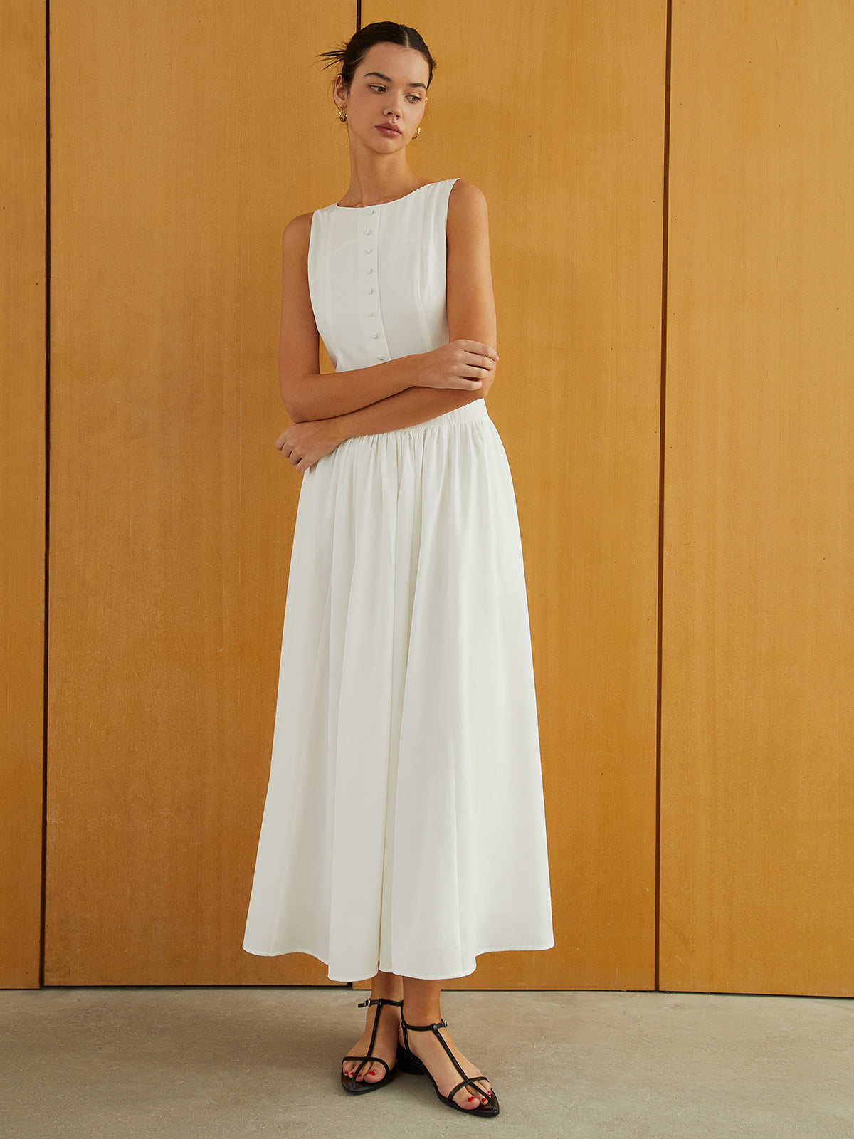 Button-Front Sleeveless Pockets Long Dress COMMENSE