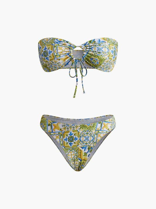 Straplez Baskı Düğümlü Bikini Takımı Siaora