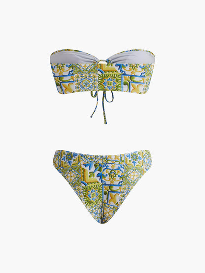 Straplez Baskı Düğümlü Bikini Takımı Siaora