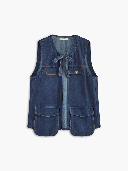 Kravat Yaka Cepli Pileli Denim Uzun Üst Siaora