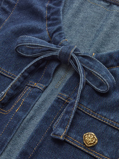 Kravat Yaka Cepli Pileli Denim Uzun Üst Siaora