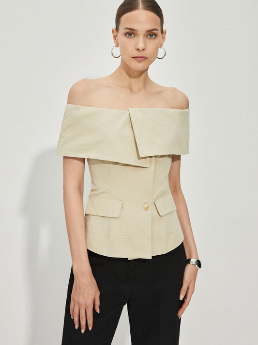 Off-Shoulder Detaylı Krem Renk Blazer Üst Siaora