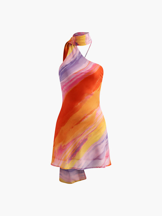 Halter Sırt Dekolteli Batik Kısa Elbise Siaora