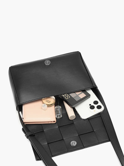 Siyah PU Deri Dokuma Crossbody Çanta THESVELTECHIC