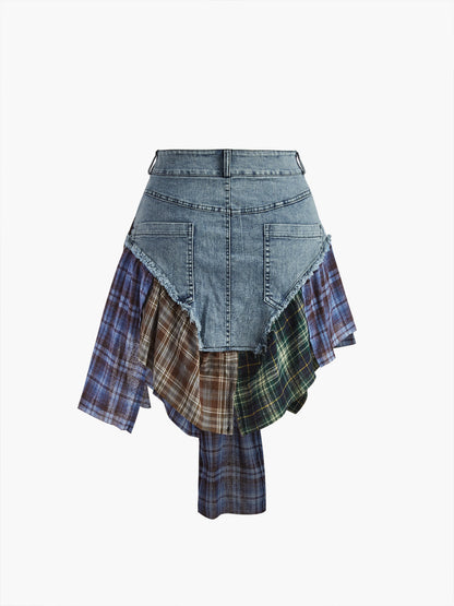 Panelli Asimetrik Etekli Denim Kısa Etek Siaora