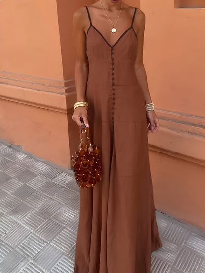 Kontrast Biye Düğmeli Spagetti Askılı Uzun Elbise Shine Aura