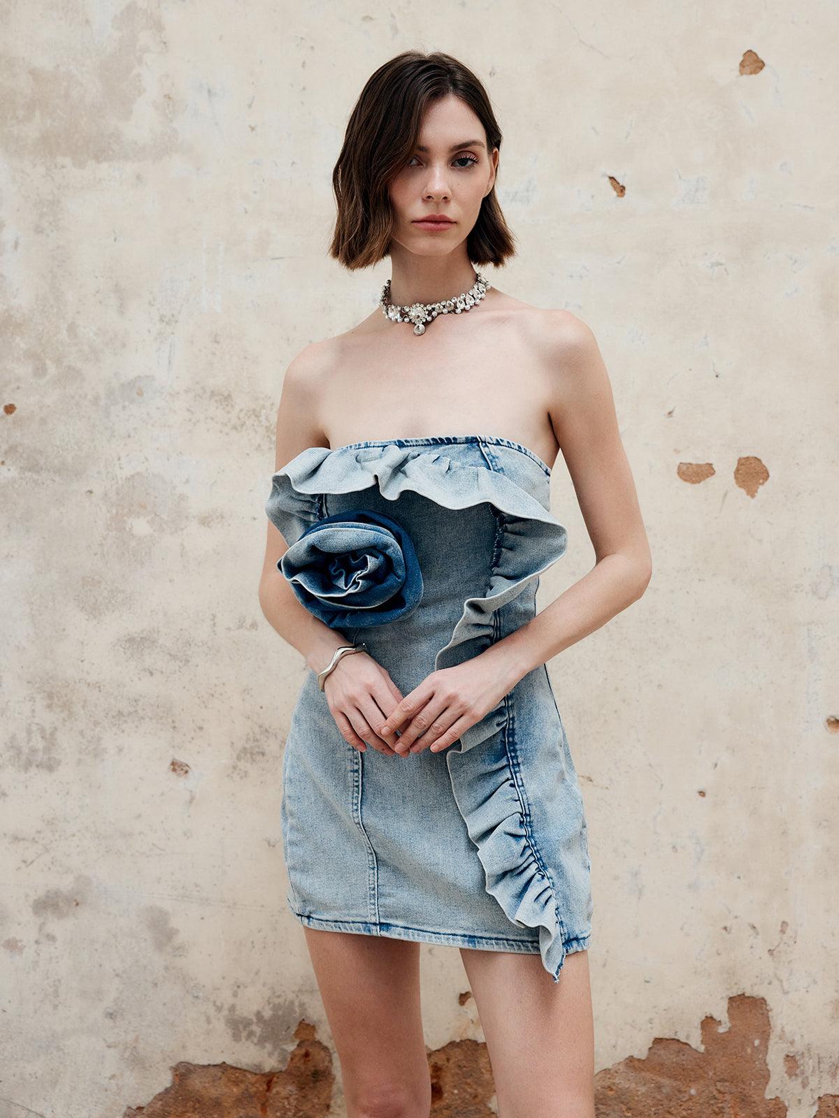 Straplez Volan Detaylı Denim Mini Elbise Siaora