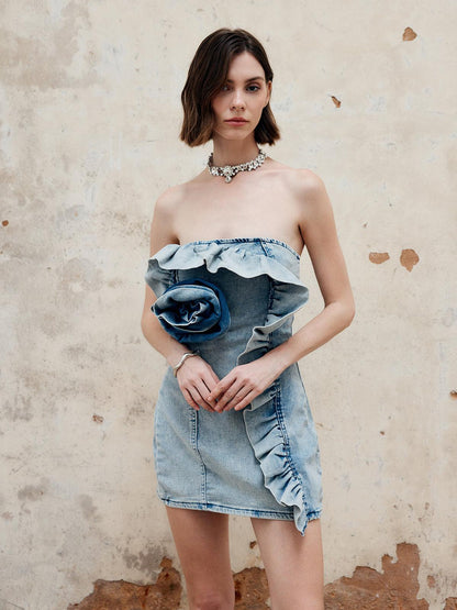 Straplez Volan Detaylı Denim Mini Elbise Siaora