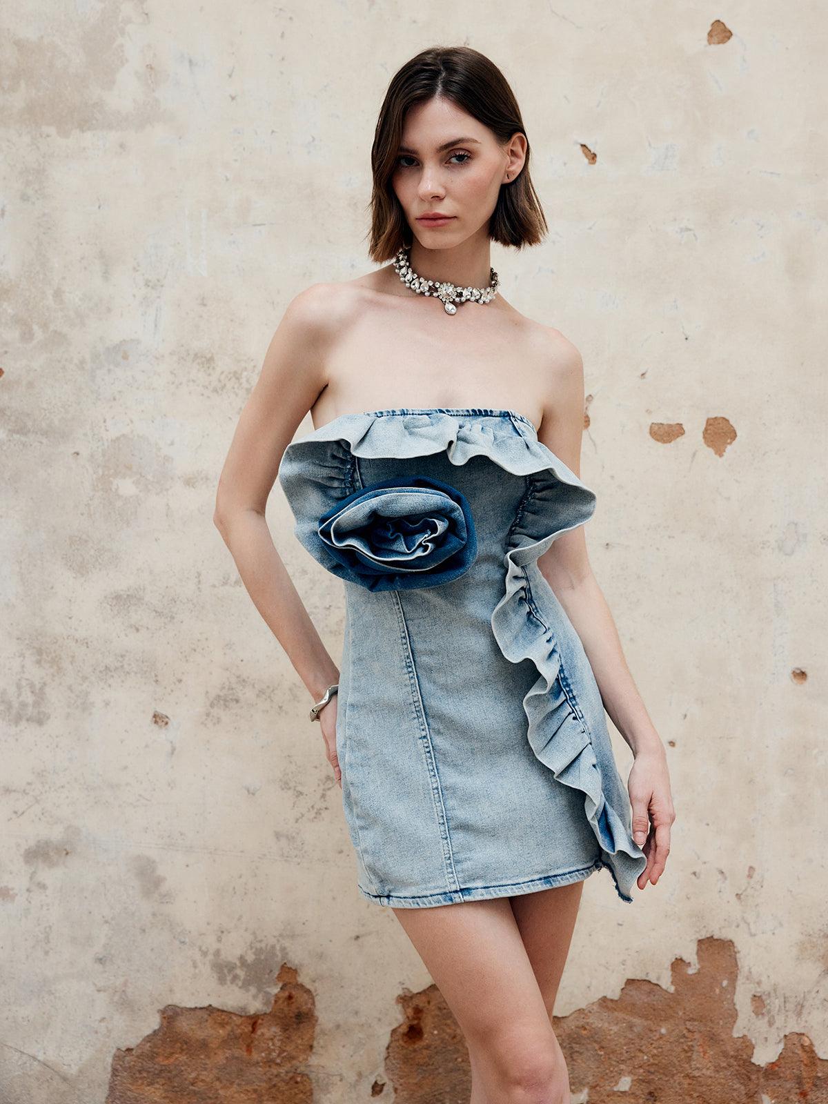 Straplez Volan Detaylı Denim Mini Elbise Siaora