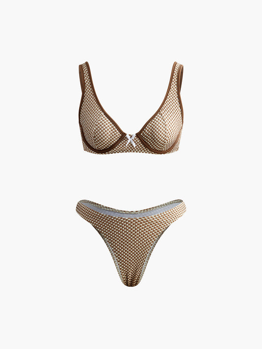 Contrast Binding Plaid Bikini Set Siaora