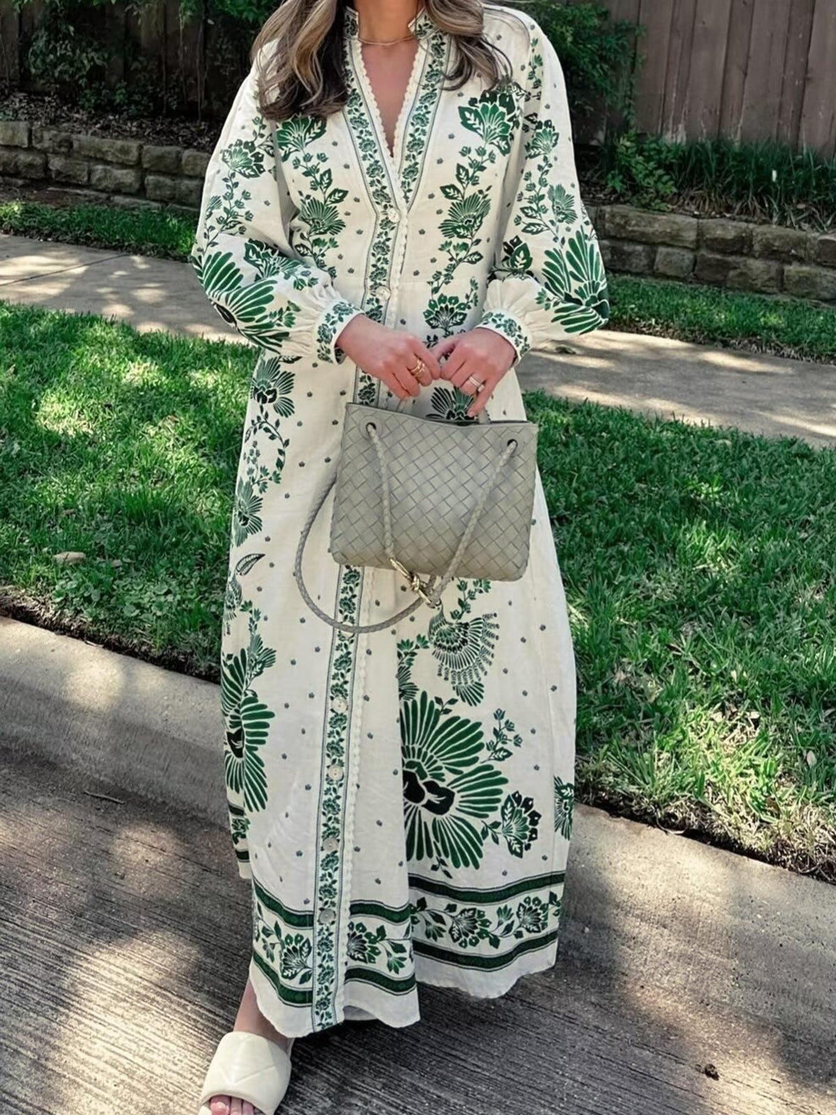Vintage Baskılı Düğmeli Uzun Elbise Shine Aura