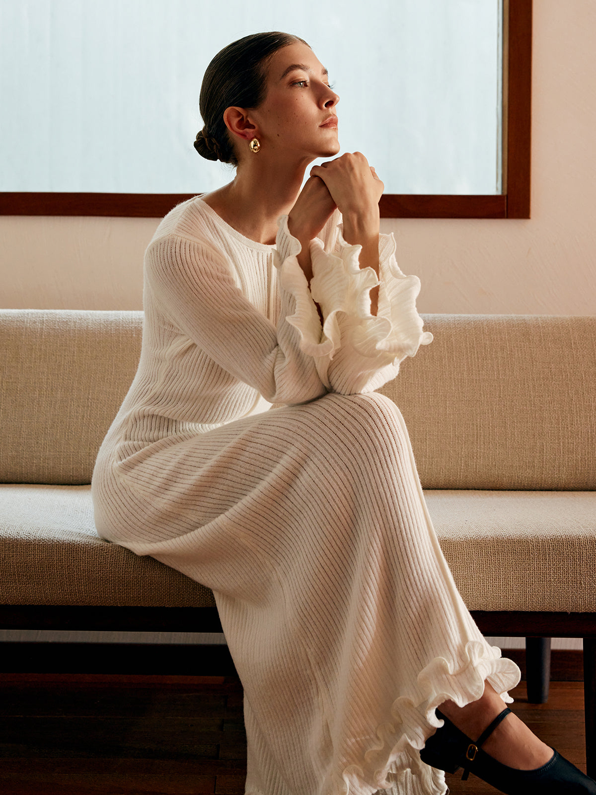 Semi-Sheer Piping Ruffle Drawstring Knit Dress COMMENSE