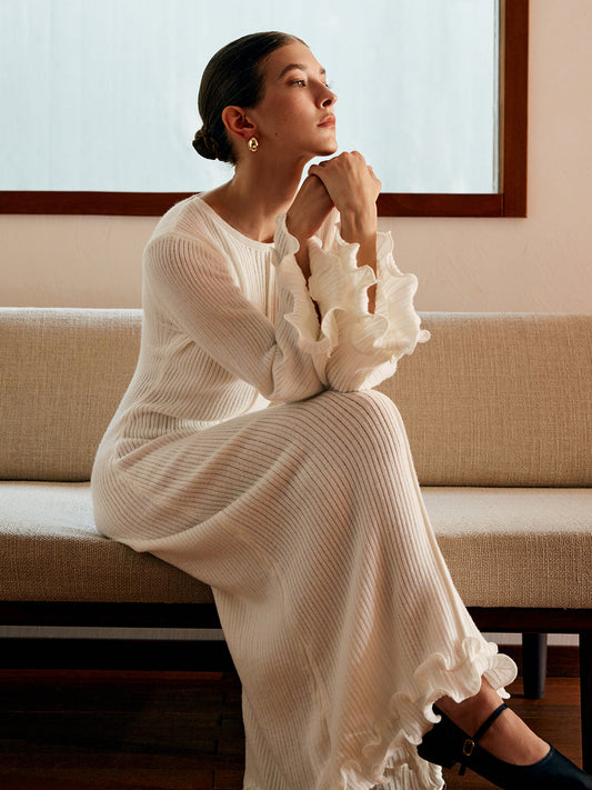 Semi-Sheer Piping Ruffle Drawstring Knit Dress COMMENSE