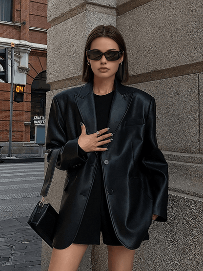 Siyah Oversize Deri Blazer Ceket Siaora