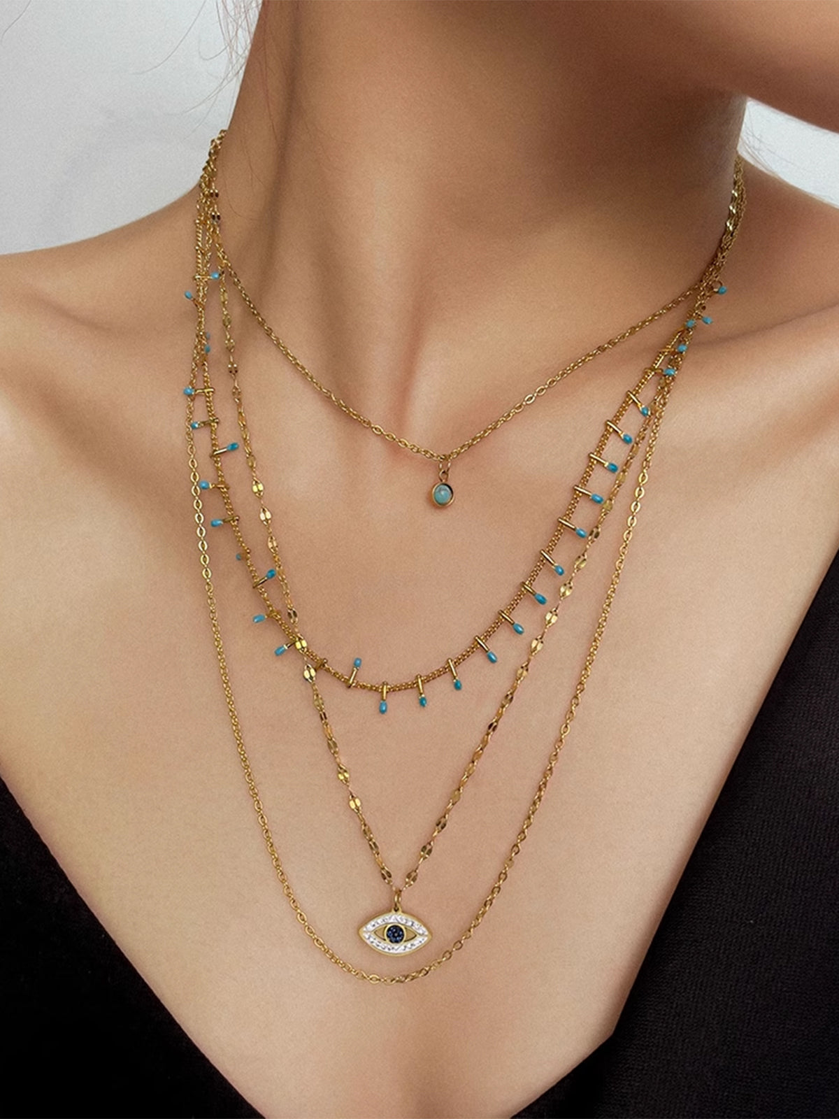 Çok Katmanlı Rhinestone Nazar Boncuğu Kolye THESVELTECHIC