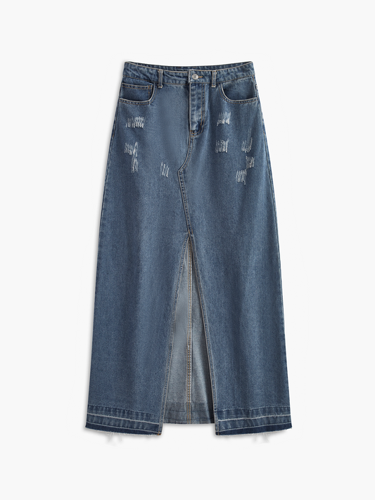 Yüksek Bel Yırtmaçlı Denim Midi Etek Shine Aura