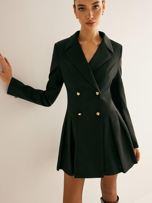 Altın Düğme Detaylı Siyah Blazer Elbise Siaora