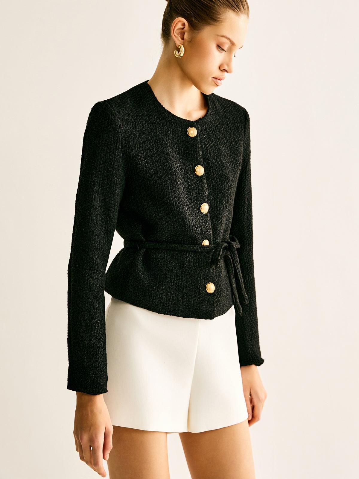 Siyah Altın Düğme ve Kuşak Detaylı Blazer Ceket Siaora