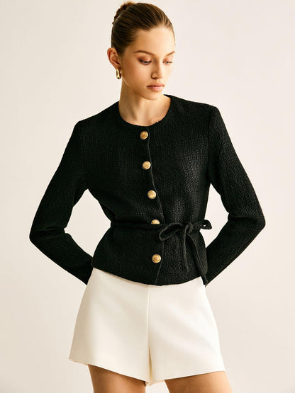 Siyah Altın Düğme ve Kuşak Detaylı Blazer Ceket Siaora