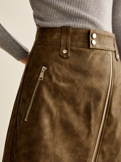 Asymmetrical Zipper Pockets Faux Leather Skirt THESVELTECHIC