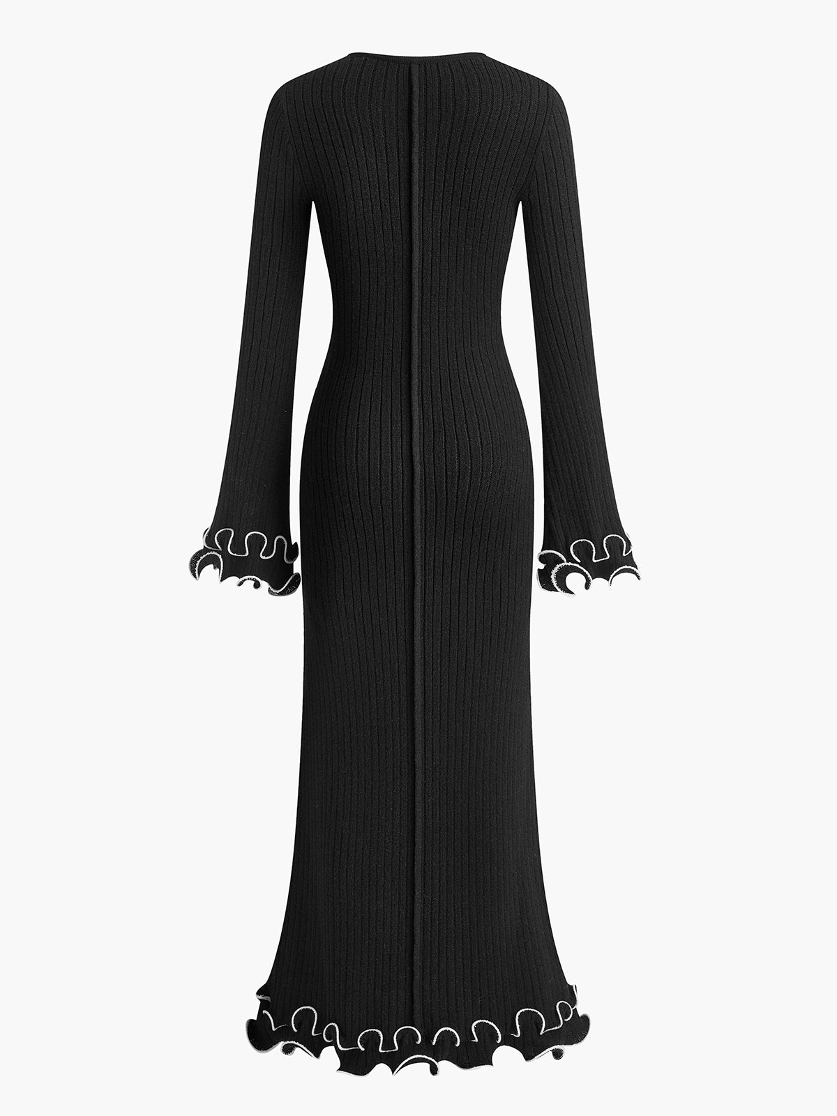 Semi-Sheer Piping Ruffle Drawstring Knit Dress COMMENSE