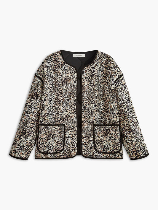 Contrast Trim Leopard Printed Winter Coat Quvarse