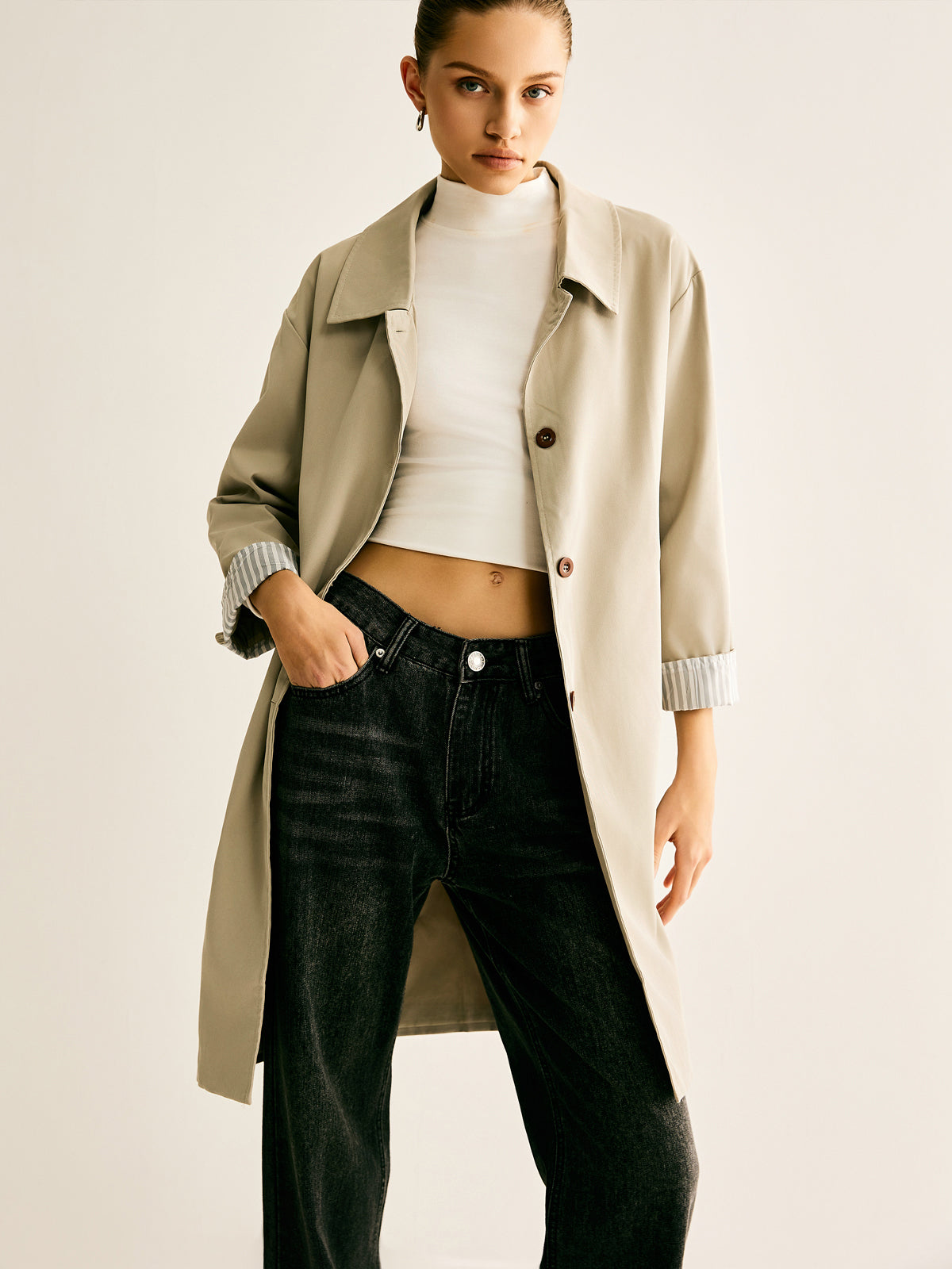 Pinstripe-Cuff Long Trench Coat Quvarse