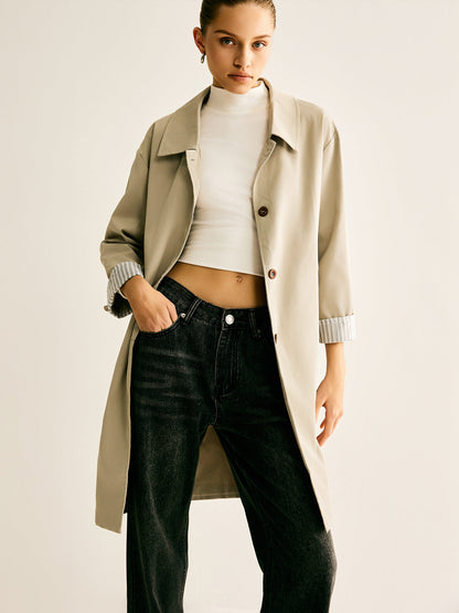 Pinstripe-Cuff Long Trench Coat Quvarse