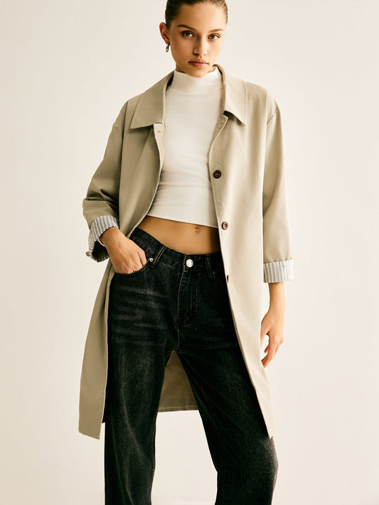 Pinstripe-Cuff Long Trench Coat Quvarse