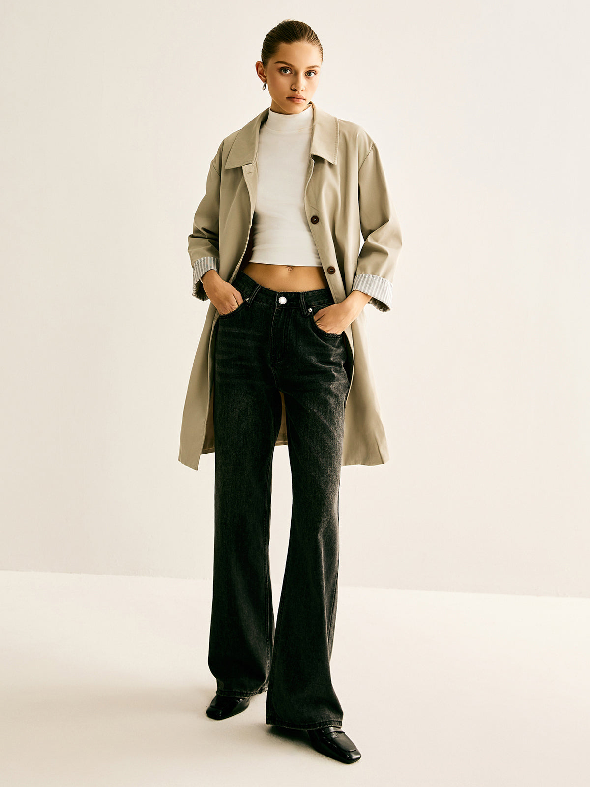 Pinstripe-Cuff Long Trench Coat Quvarse