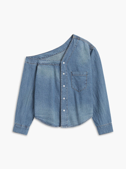Asimetrik Yaka Denim Crop Gömlek Siaora