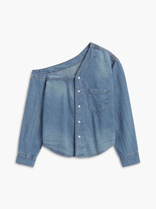 Asimetrik Yaka Denim Crop Gömlek Siaora
