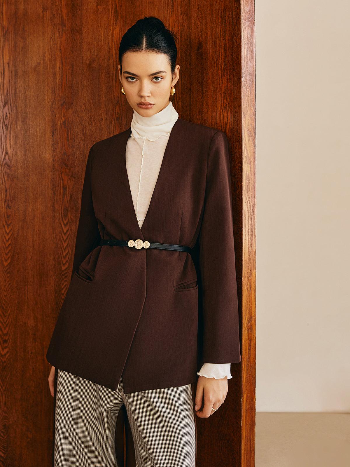 Kemer Detaylı Kahverengi Minimalist Blazer Ceket Siaora