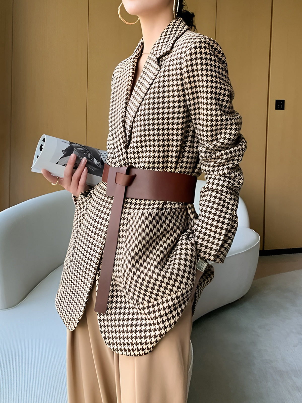 Houndstooth Kemerli Ayrık Ceket Quvarse