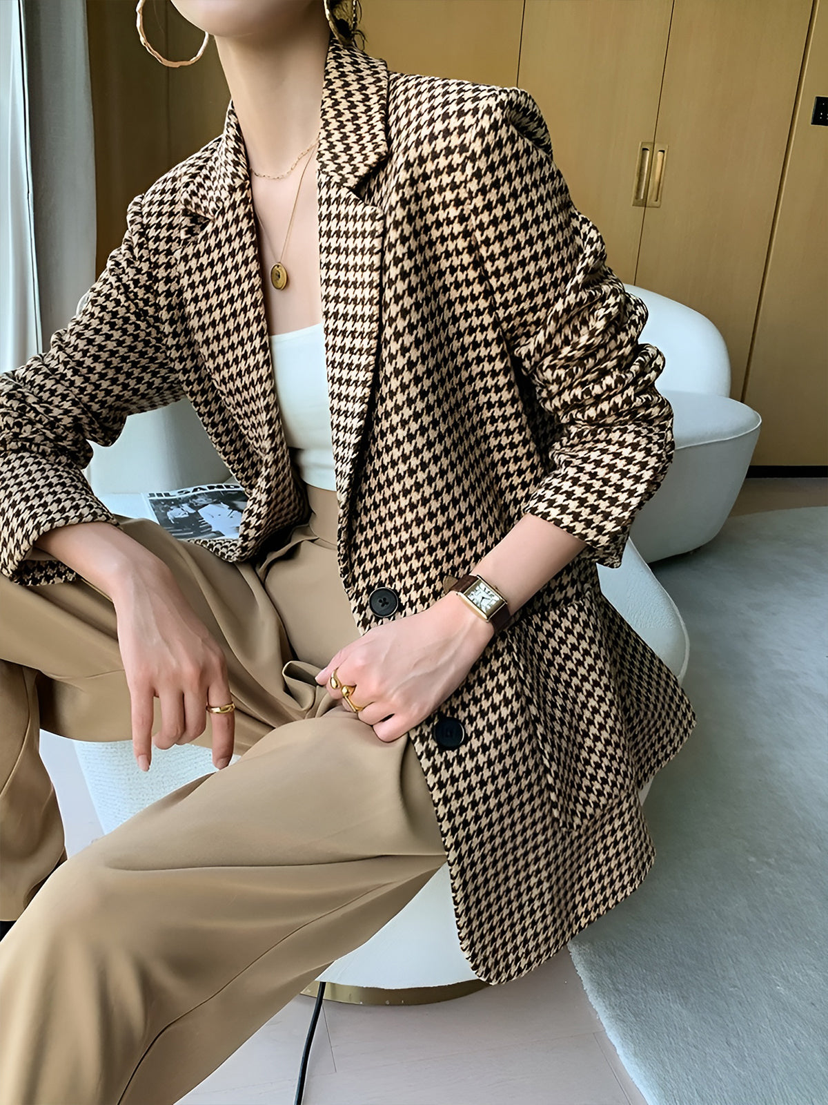 Houndstooth Kemerli Ayrık Ceket Quvarse