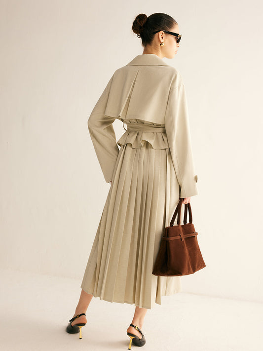 Elegant Pleated Trench Coat With Belt Quvarse