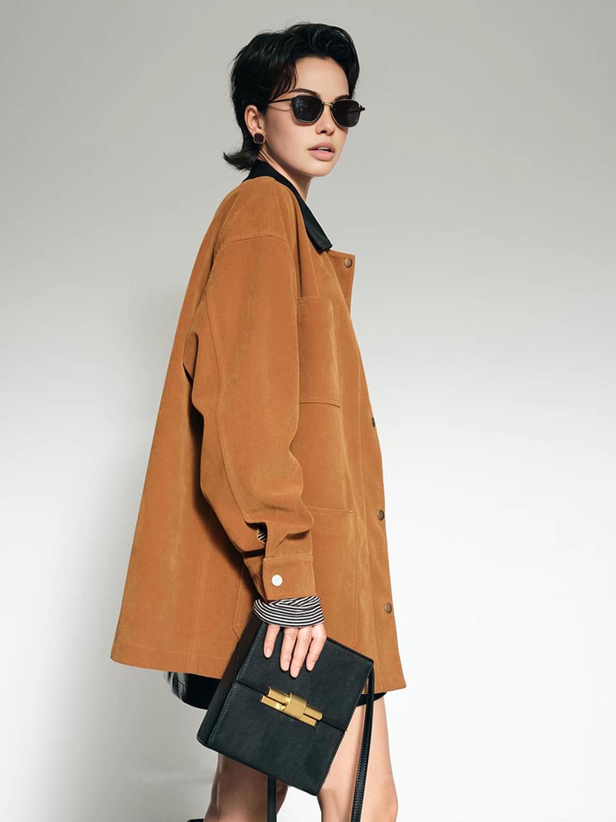 Kontrast Yaka Oversized Süet Ceket Quvarse