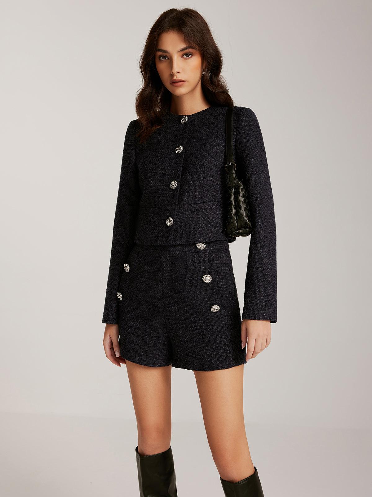 Taş Detaylı Siyah Tweed Blazer Siaora