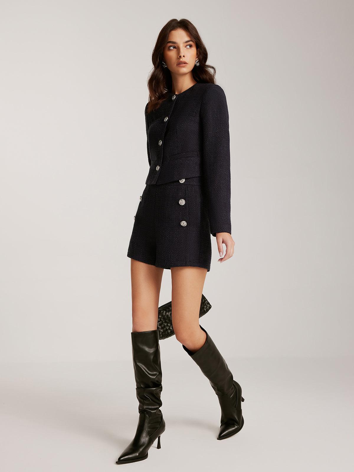 Taş Detaylı Siyah Tweed Blazer Siaora
