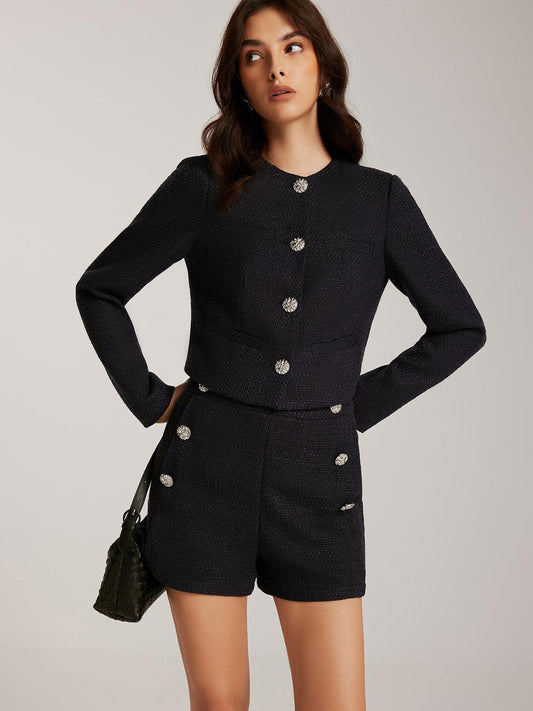 Taş Detaylı Siyah Tweed Blazer Siaora