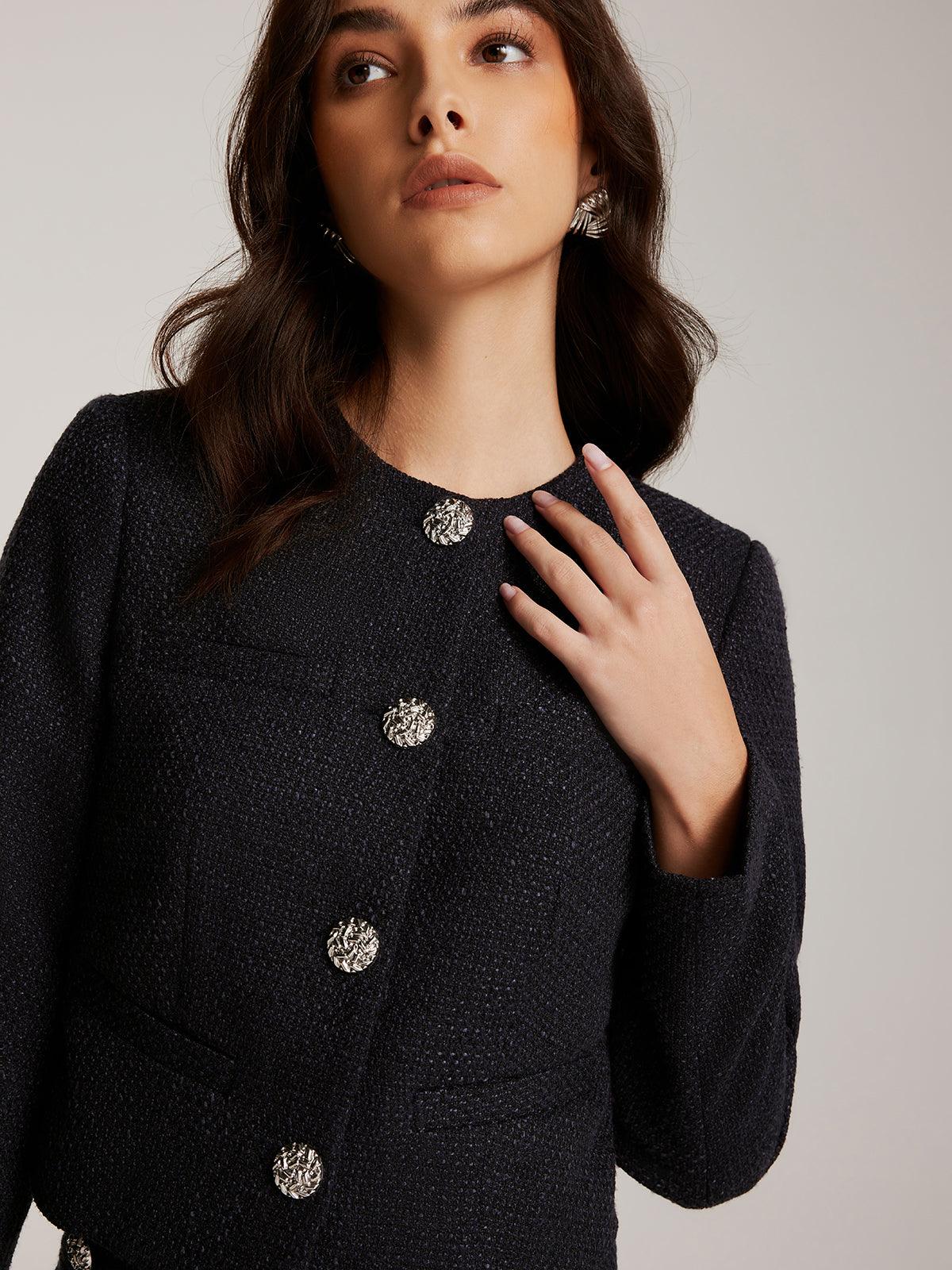 Taş Detaylı Siyah Tweed Blazer Siaora