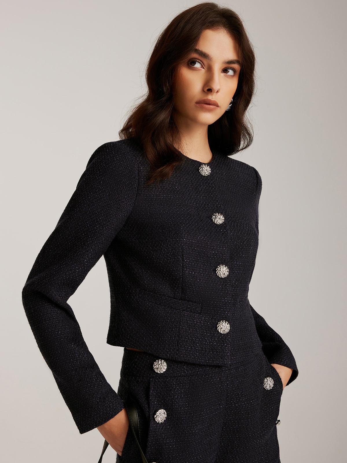Taş Detaylı Siyah Tweed Blazer Siaora