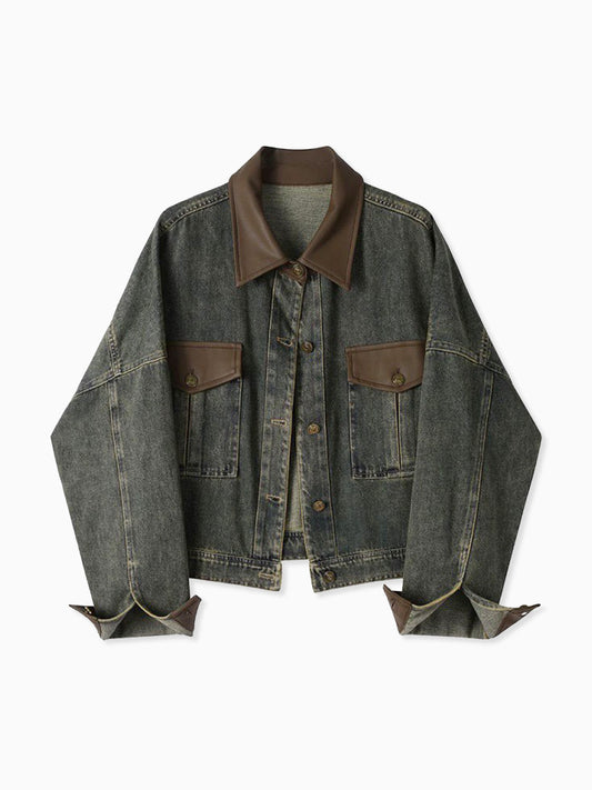 Vintage Contrast Trim Lapel Denim Jacket THESVELTECHIC