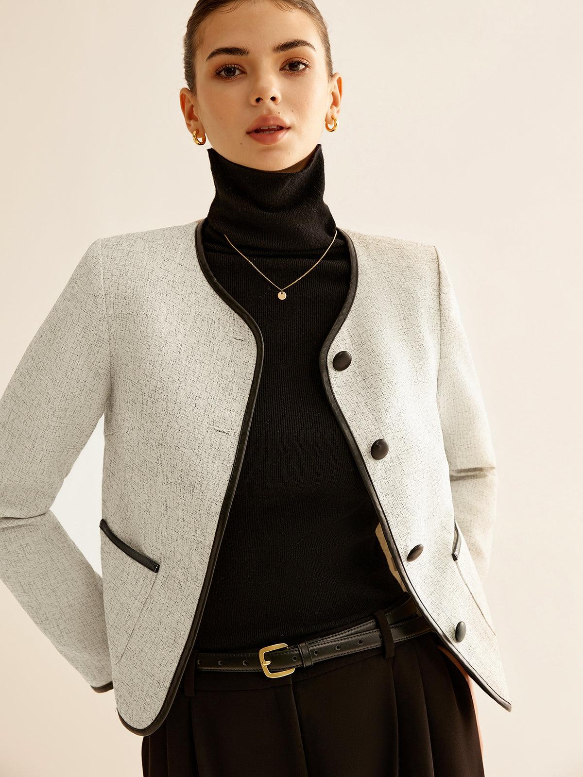 Siyah Detaylı Kısa Beyaz Blazer Ceket Siaora