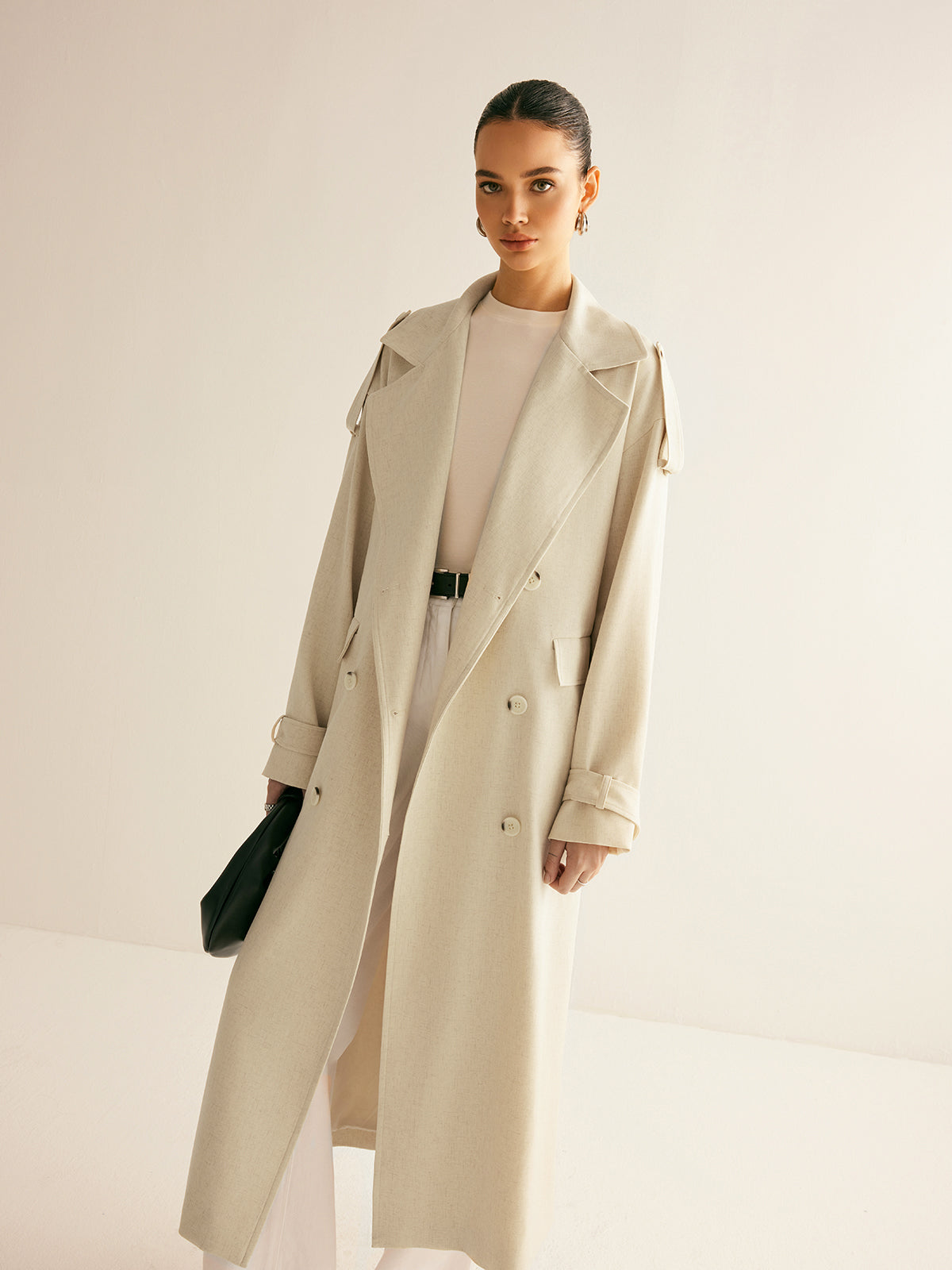 Oversized Lapel Pockets Belted Trench Coat Quvarse