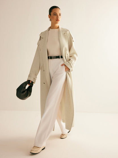 Oversized Lapel Pockets Belted Trench Coat Quvarse