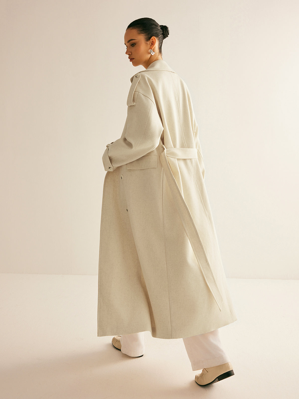 Oversized Lapel Pockets Belted Trench Coat Quvarse